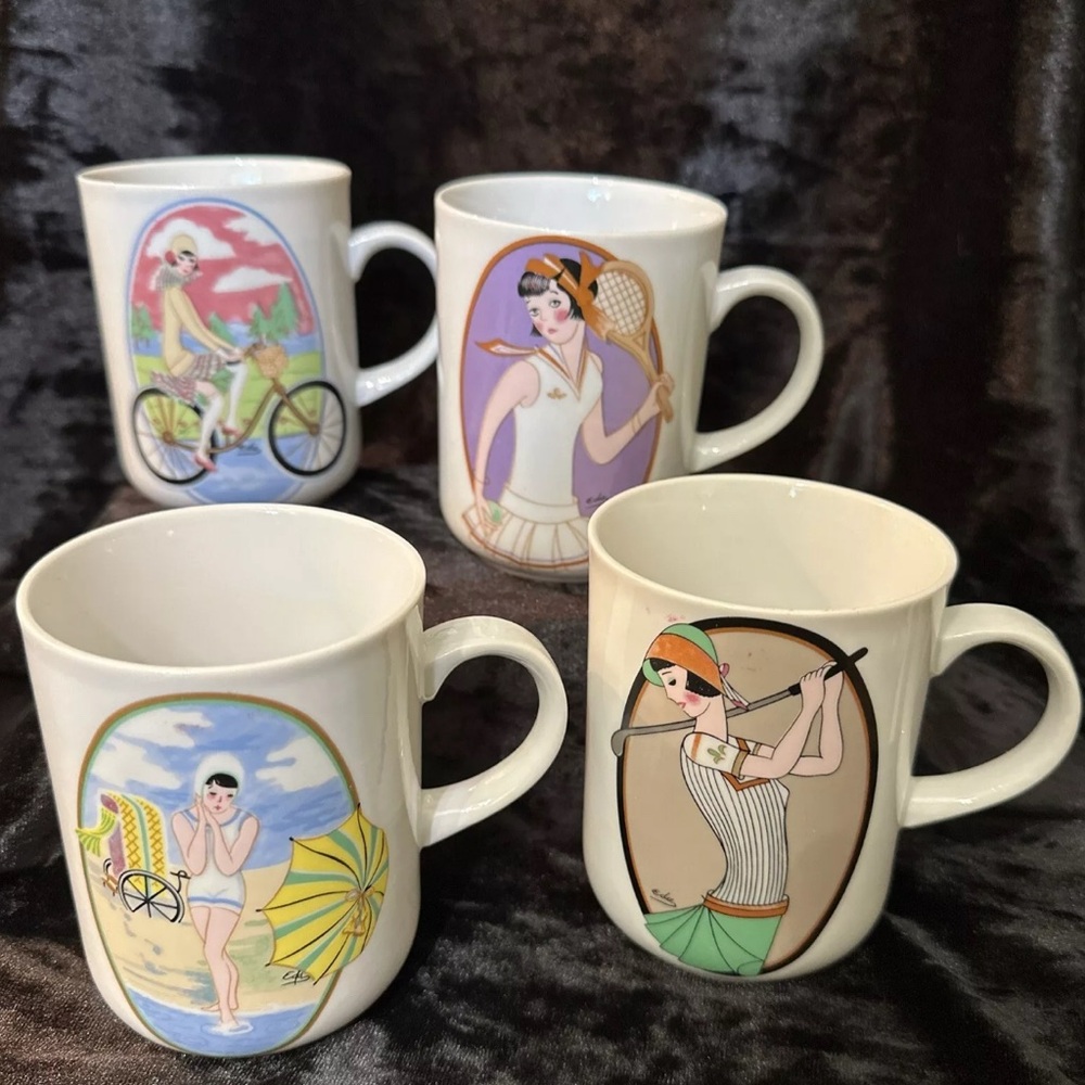 Set 4 Vtg 1976 Seymour Mann Sportswoman Cyclist Tennis Golfer Swimmer Cup Mug